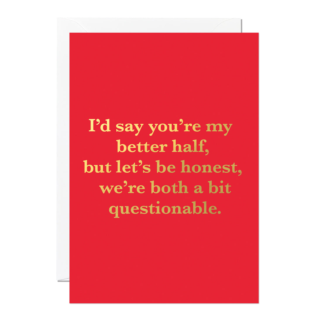 Funny Valentine's Day featuring a red background with gold foiled text with white envelope.