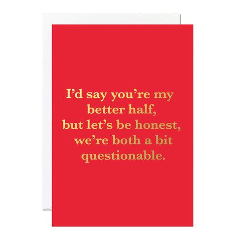 Funny Valentine's Day featuring a red background with gold foiled text with white envelope.