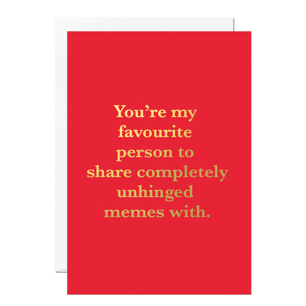 Funny Valentine's Day featuring a red background with gold foiled text with white envelope.