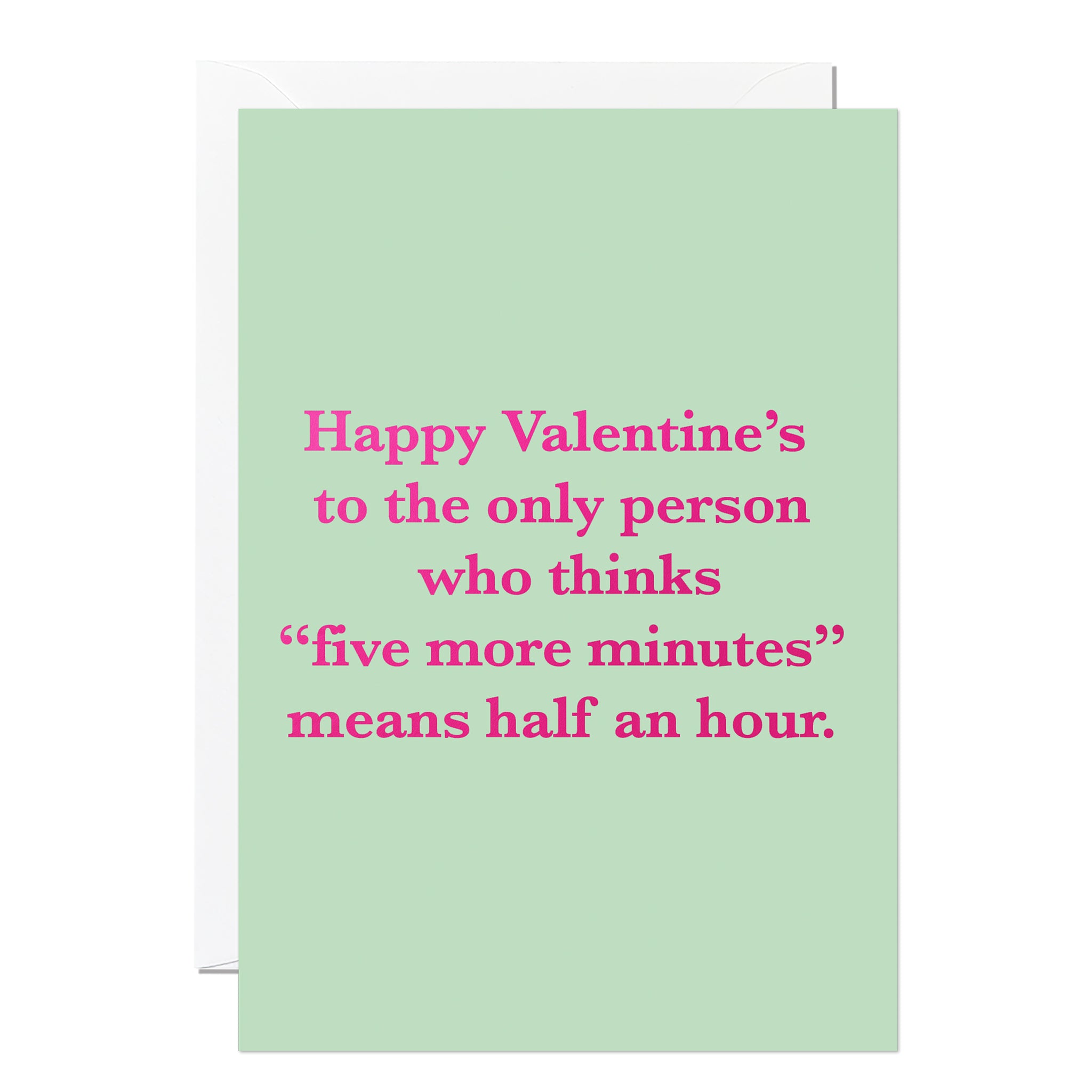 Valentine's Day card with pink text on a light green background