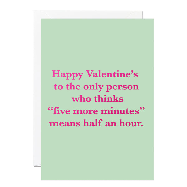 Valentine's Day card with pink text on a light green background