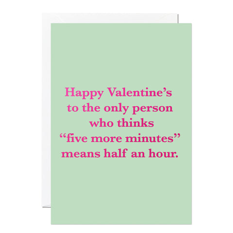 Valentine's Day card with pink text on a light green background